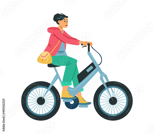 Woman riding eco friendly electric bicycle, flat vector illustration isolated.