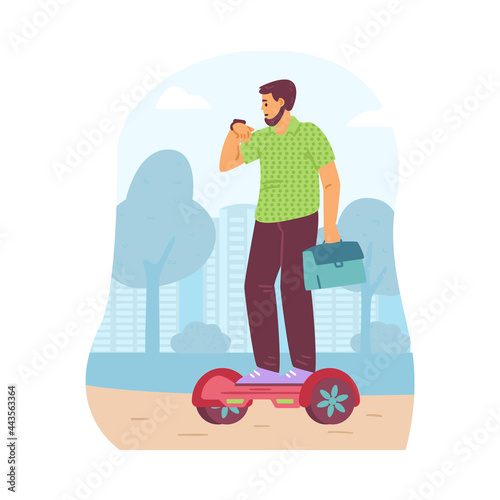 Man riding eco alternative transport, flat vector illustration isolated.