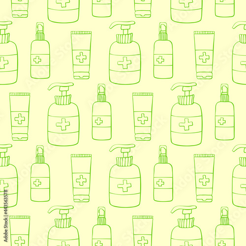 Seamless pattern with hand sanitizer. Personal hygiene products. Antiseptic dispensers disinfects  protects coronavirus bacteria. Vector outline background and texture in flat doodle style isolated