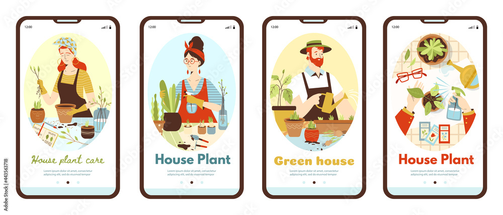 Onboarding pages kit on topic of urban jungle and green house. Mobile screens with people planting houseplants, flat vector illustration on white background.