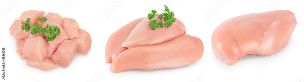 Fresh chicken fillet isolated on white background with full depth of field. Set or collection Fresh chicken fillet isolated on white background with full depth of field. Set or collection