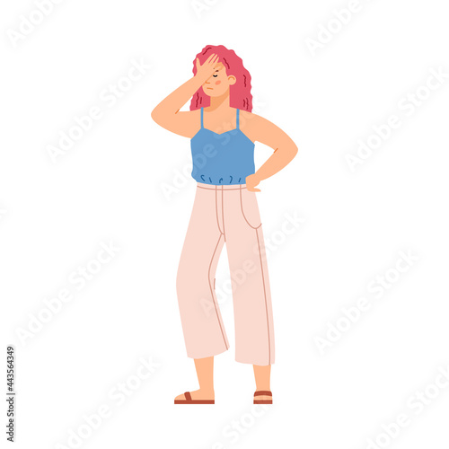 Regretting disappointed woman full length, flat vector illustration isolated.