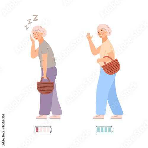 Infographic of old woman tired and energetic, flat vector illustration isolated.