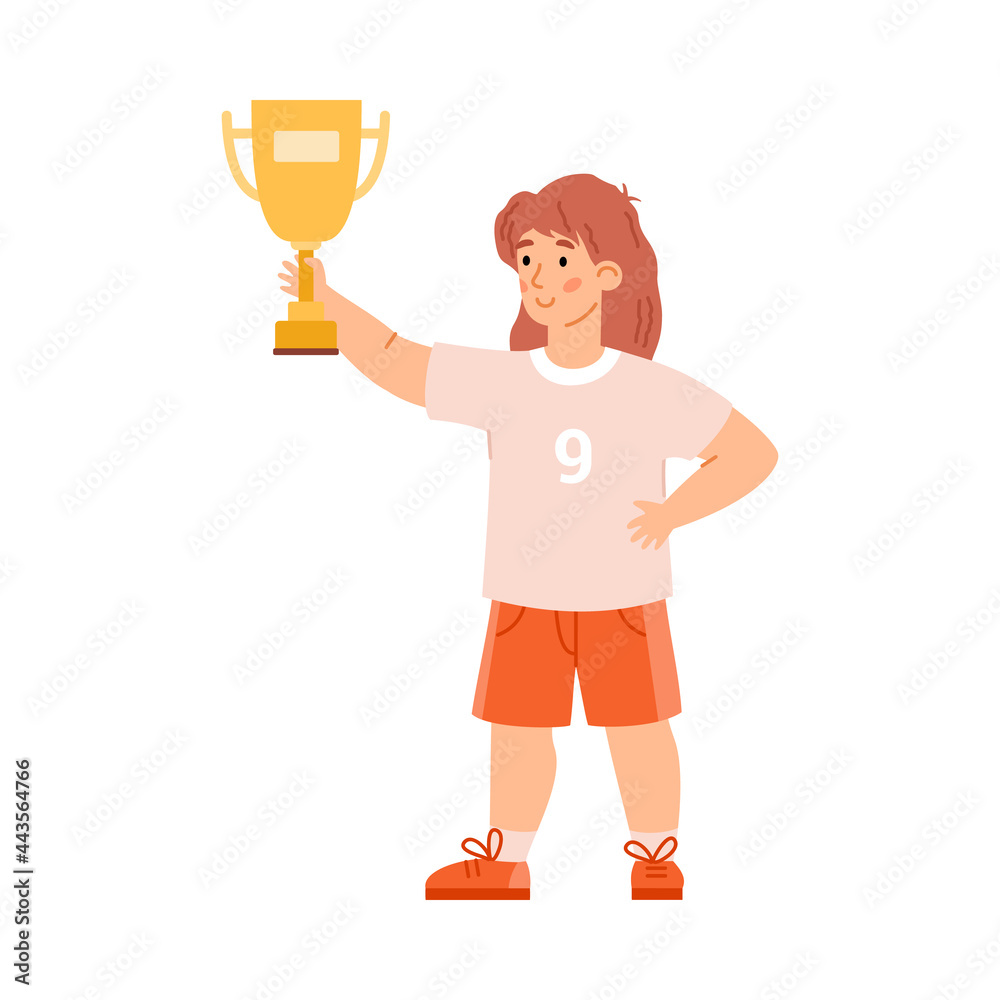 Cute child girl holding gold trophy prize, flat vector illustration isolated.