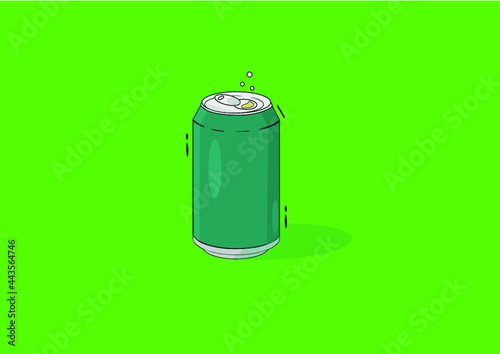 Illustration Dark green tin can on a light green background. Quench your thirst. Concept on the theme of hot summer, refreshment, drinking regime and lifestyle. Recycle cans!