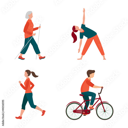 Outdoor activity. Different people set isolated on white. Male and female have outdoor activity. Jogging, riding bicycle, nordic walking, outdoor yoga. Recreation, sport vector illustration