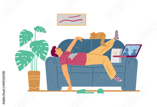 Lazy man lying on couch and watching movie, flat vector illustration isolated.