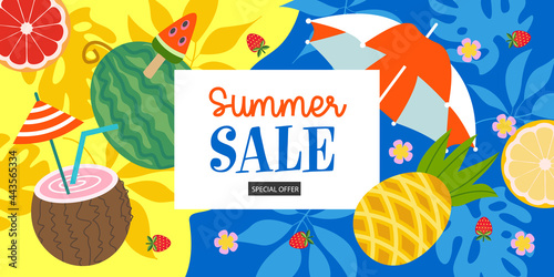 Summer sale. Bright colorful summer vector illustration, advertising poster.