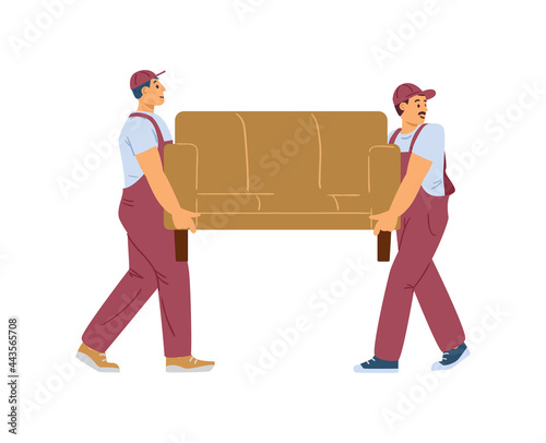 Two loaders or movers man carrying couch, flat vector illustration isolated.