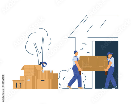 Moving or shipping service loaders at work, flat vector illustration isolated.