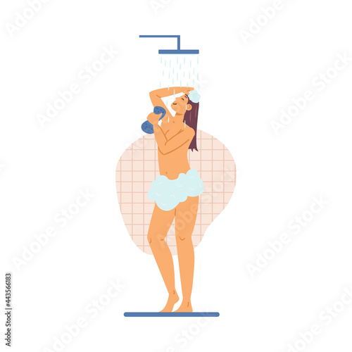 Young pretty woman taking shower, flat vector illustration isolated on white.