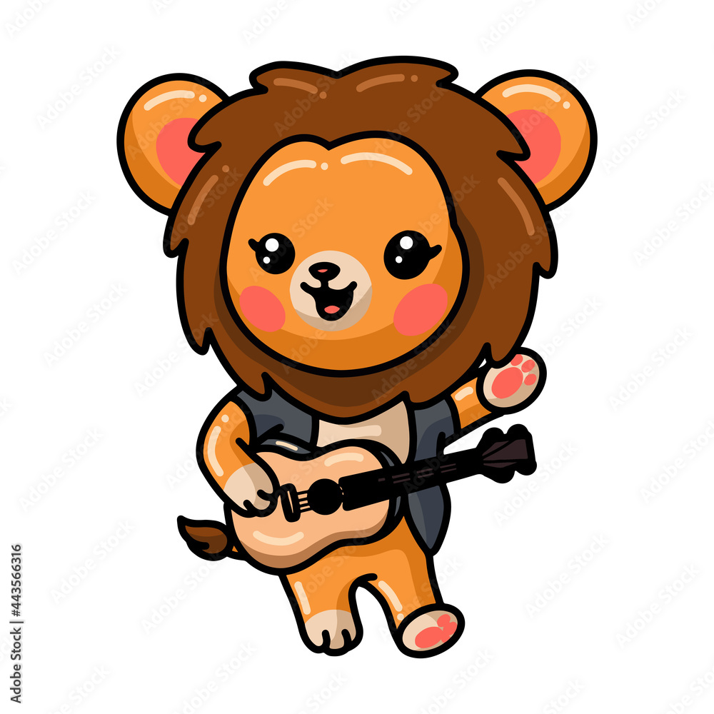 Obraz premium Cute baby lion cartoon playing guitar