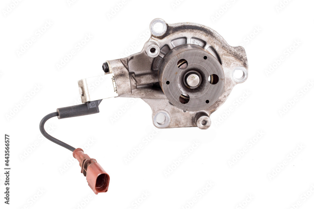 Modern car water pump with coolant temperature gauge on white background, isolate.