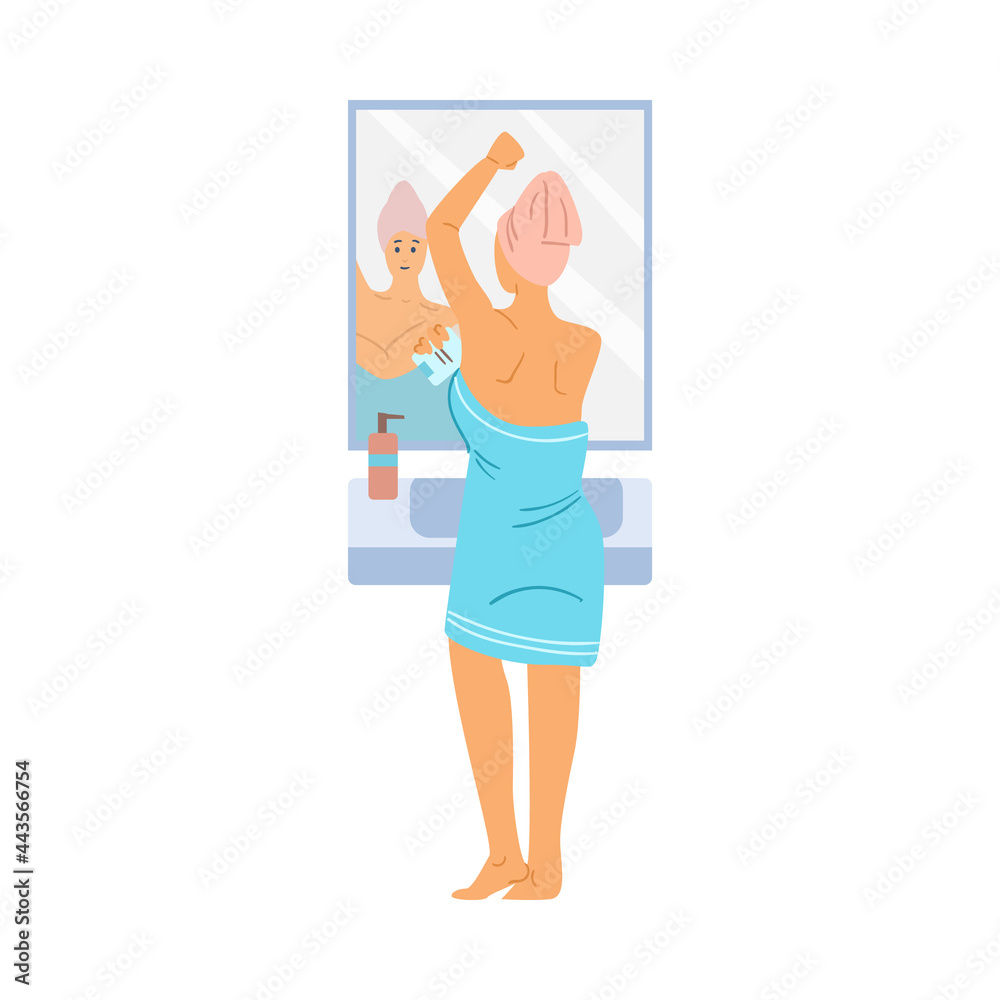 Woman using deodorant after shower, flat vector illustration isolated on white. Woman using deodorant after shower, flat vector illustration isolated on white.
