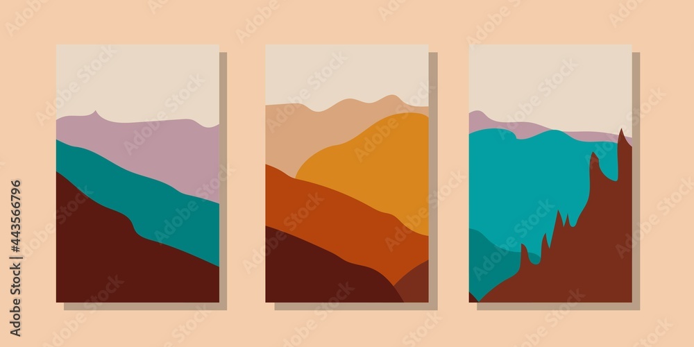 Trendy minimalist abstract landscape illustrations. Set of hand drawn contemporary artistic posters.