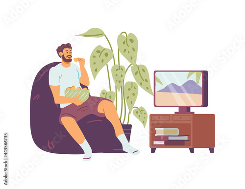 Man resting behind TV at home, flat vector illustration isolated on white.