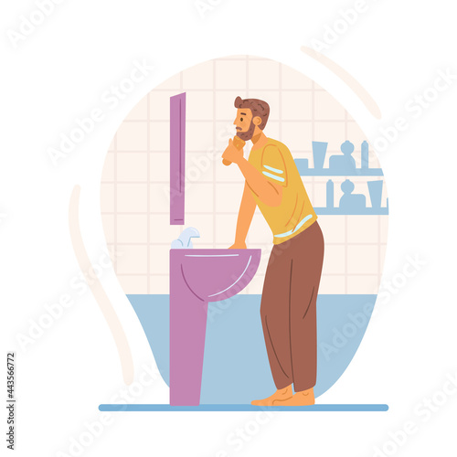 Man shaving beard in front of mirror, flat vector illustration isolated.