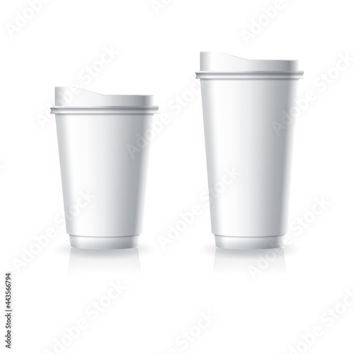 Blank white paper-plastic coffee-tea cup with white lid in medium and large size mockup template.