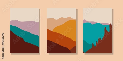 Trendy minimalist abstract landscape illustrations. Set of hand drawn contemporary artistic posters. © mdpz art