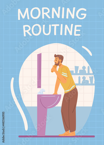 Morning routine banner or card with man shaving, flat vector illustration.