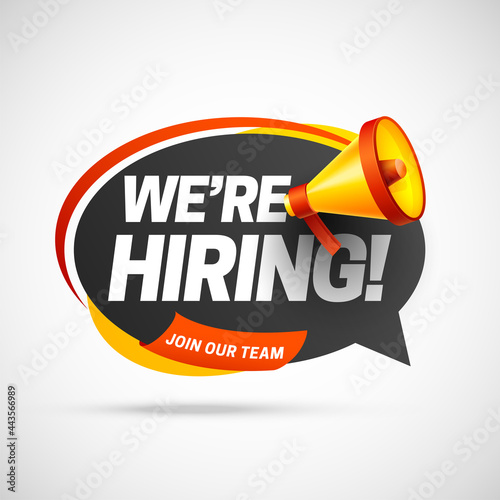 Hiring recruitment open vacancy design info label template. We are hiring join our team announcement lettering with loudspeaker