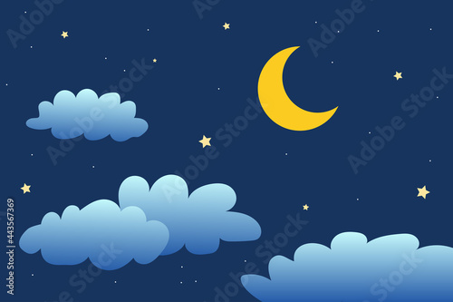night sky with stars and moon. paper art style. Dreamy background with moon stars and clouds, abstract fantasy background. Half moon, stars and clouds on the dark night sky background. 