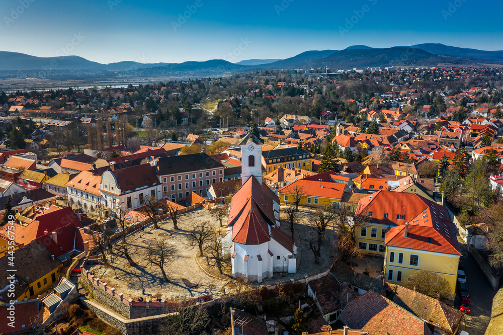 Szentendre, hungary - Aerial view of the city of Szentendre on a sunny day with Belgrade Serbian Orthodox Cathedral and clear blue sky
