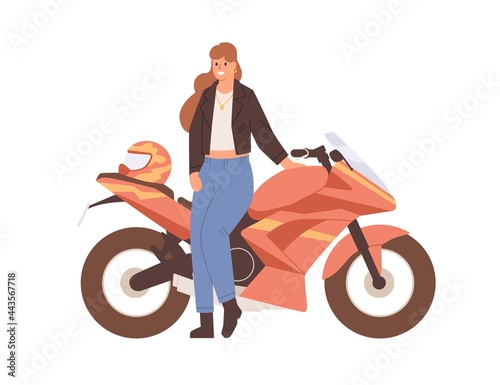 Young female biker posing near motor bike. Woman standing by modern motorcycle. Happy motorcyclist and motorbike. Portrait of human with sportbike. Flat vector illustration isolated on white