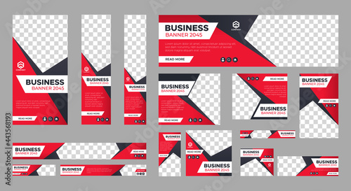 Set of business web banner templates with different standard size. Abstract corporate horizontal, vertical, square ad banner with place for images. Vector EPS