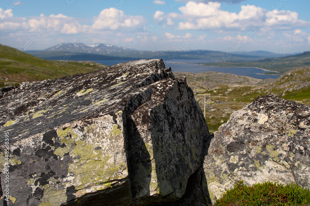 Tydal mountains, Norway. Two boulders with moss in the foreground. Nesjøen, (lake) in the background. Blue sky with white cumulus clouds.
