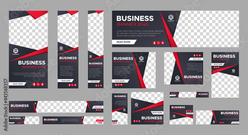 Set of business web banner templates with different standard size. Abstract corporate horizontal, vertical, square ad banner with place for images. Vector EPS