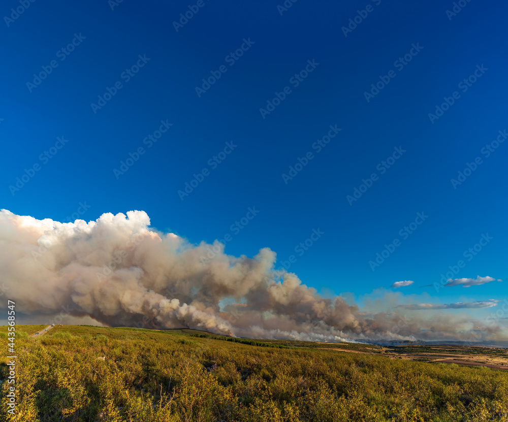 Vast fire with thick smoke over the horizon with blue sky