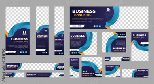 Set of business web banner templates with different standard size. Abstract corporate horizontal, vertical, square ad banner with place for images. Vector EPS