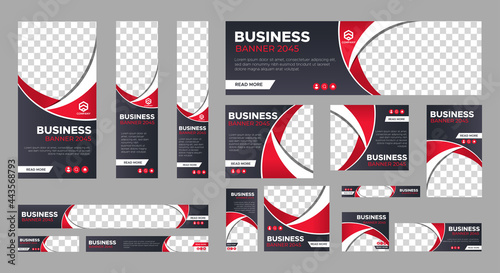 Set of business web banner templates with different standard size. Abstract corporate horizontal, vertical, square ad banner with place for images. Vector EPS