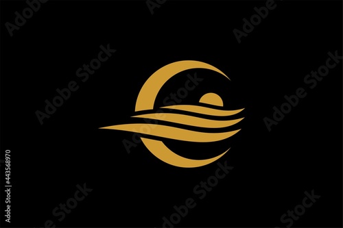 Wave and Moon logo design. Wave illustration sign.