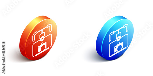 Isometric Gimbal stabilizer with DSLR camera icon isolated on white background. Orange and blue circle button. Vector