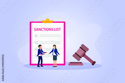 Sanctions vector concept. Business people discussing sanctions list with a law gavel on the background