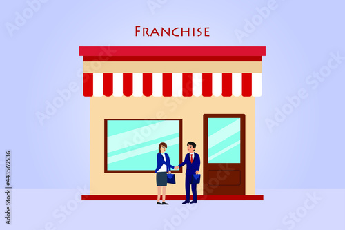 Franchise store vector concept. Businesswoman and businessman handshaking in front of a franchise store