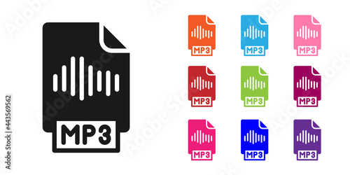 Black MP3 file document. Download mp3 button icon isolated on white background. Mp3 music format sign. MP3 file symbol. Set icons colorful. Vector photo