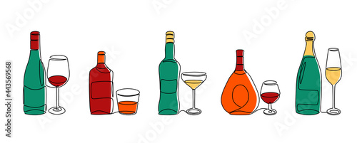 Continuous line alcohol. One line bottles and glasses with drinks, coloured alcohol beverages, scotch and wine. Vector isolated set