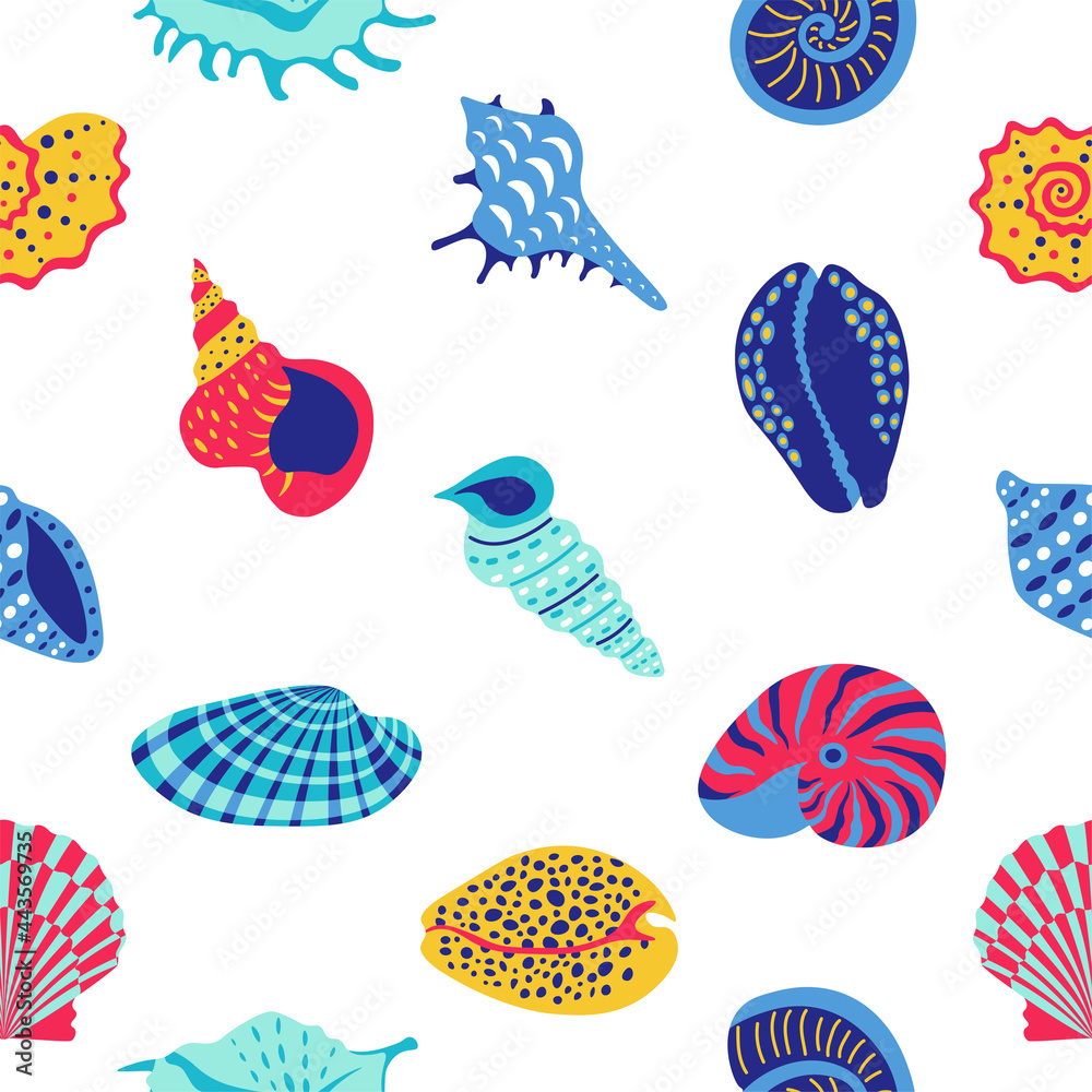 Seashell pattern. Cartoon marine print with sea food and aquarium decoration. Vector ocean animals seamless pattern