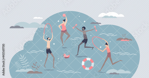Hydrotherapy and water cure for body disease treatment tiny person concept. Physical exercise for health problem rehabilitation and healing with aquatic power vector illustration. Active SPA therapy.