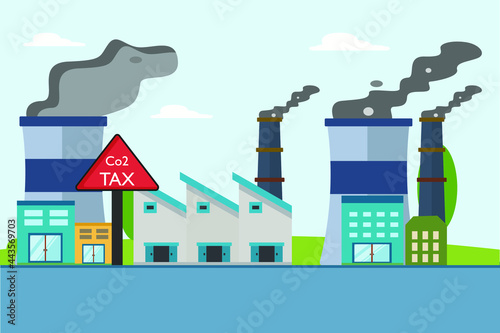 Carbon tax vector concepts. Carbon tax road sign with air pollution smoke at factory chimney on the background.
