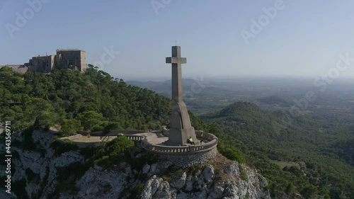 Aerial view, flight at  Santuari de Sant Salvador monastery, Puig de Sant Salvador, near Felanitx, Migjorn region, aerial view, Mallorca, Balearic Islands, Spain