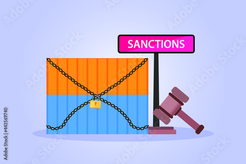 Sanctions vector concept. Containers with sanctions sign, chain, and gavel, symbolizing export and import embargo
