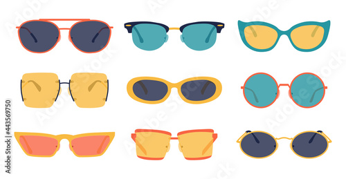 Party glasses. Fashion summer color accessory, trendy retro glasses collection, hipster fashionable eyeglasses. Vector isolated collection