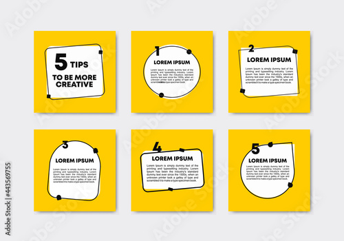Set collection of 6 square banners with sample text. Yellow and white social media post grid templates with copy space. Heading, post and quote frames. Presentation, brochure, card design.