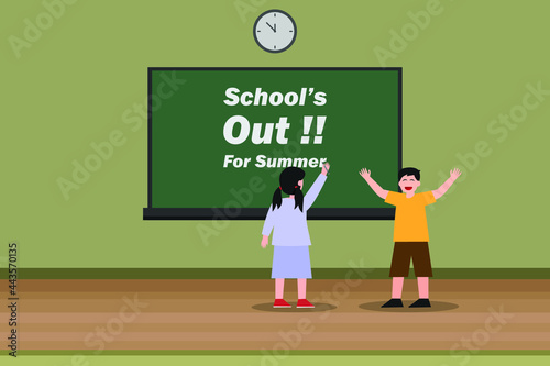 Summer break vector concept: Schoolgirl  writes school out for summer text on the blackboard while standing in the classroom
