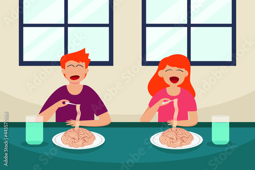 Unhealthy food vector concept: Young couple eating noodle together while sitting at home 