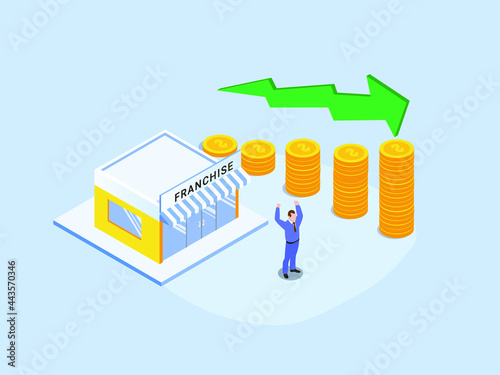 Franchise isometric vector concept. Successful businessman with franchise store and growing arrow over coins diagram